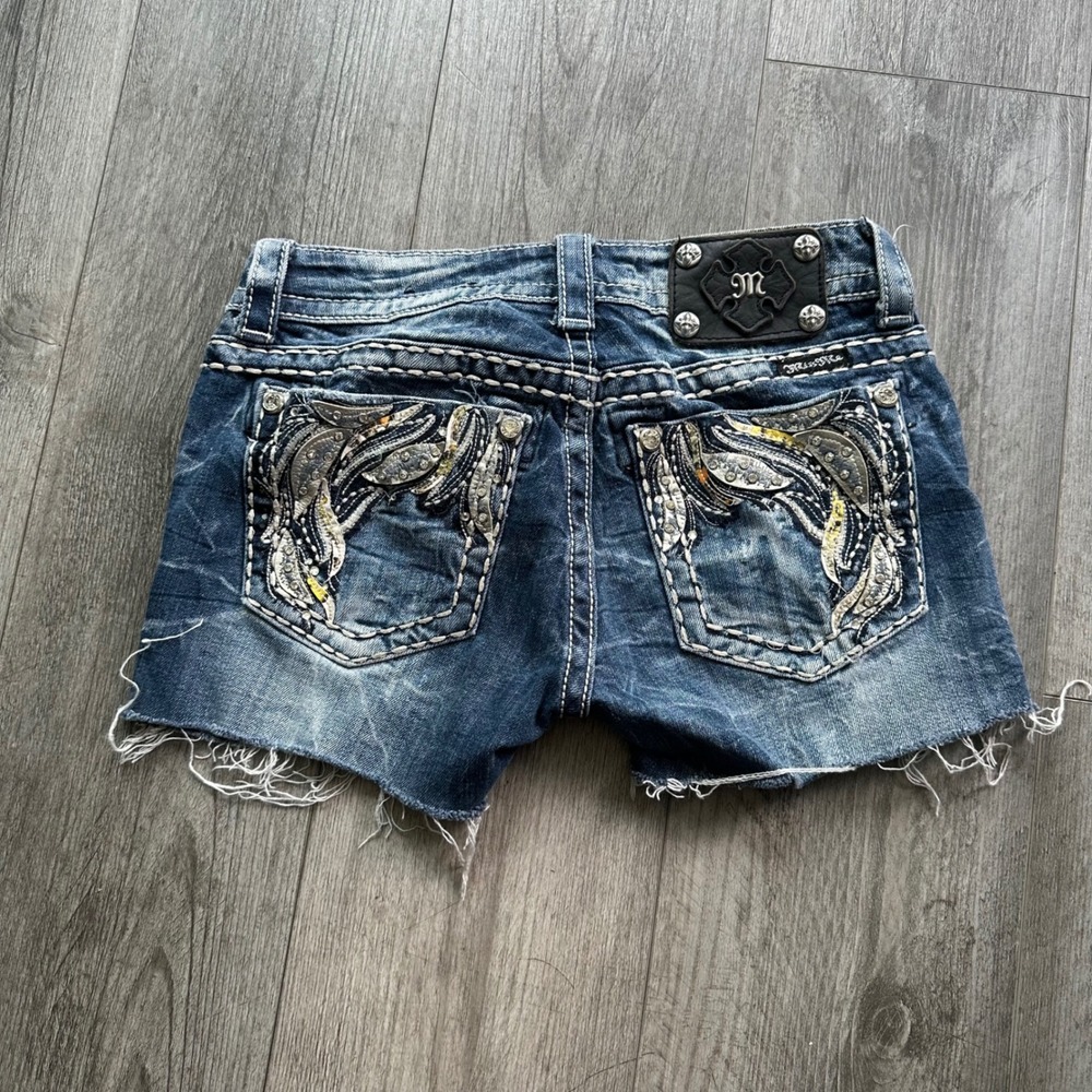 Miss Me Womens 26 Denim Cut Off Shorts Embroidered Bling Pockets Frayed Hem Y2K